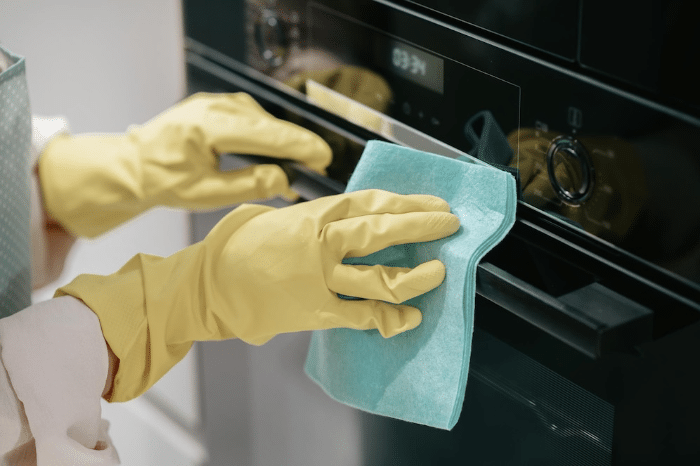 Persona limpiando un electrodoméstico del apartamento con un paño suave.