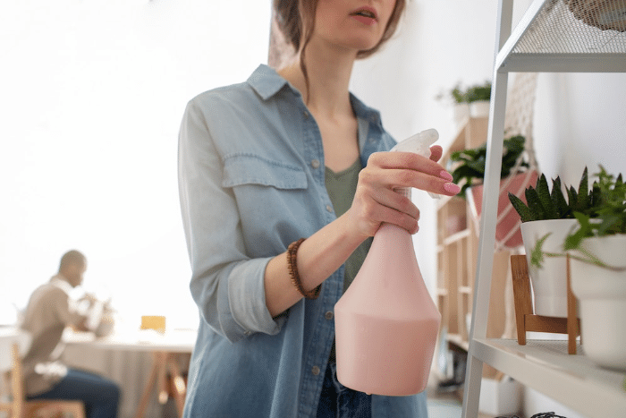 Mujer joven limpiando la decoración de su apartamento para nuevos huéspedes.