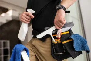 Hombre con artículos de limpieza necesarios para la limpieza post obra en Madrid